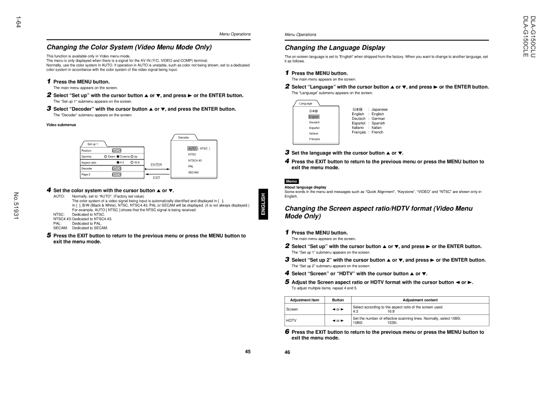 JVC DLA-G150CLE, DLA-G150CLU manual Auto 