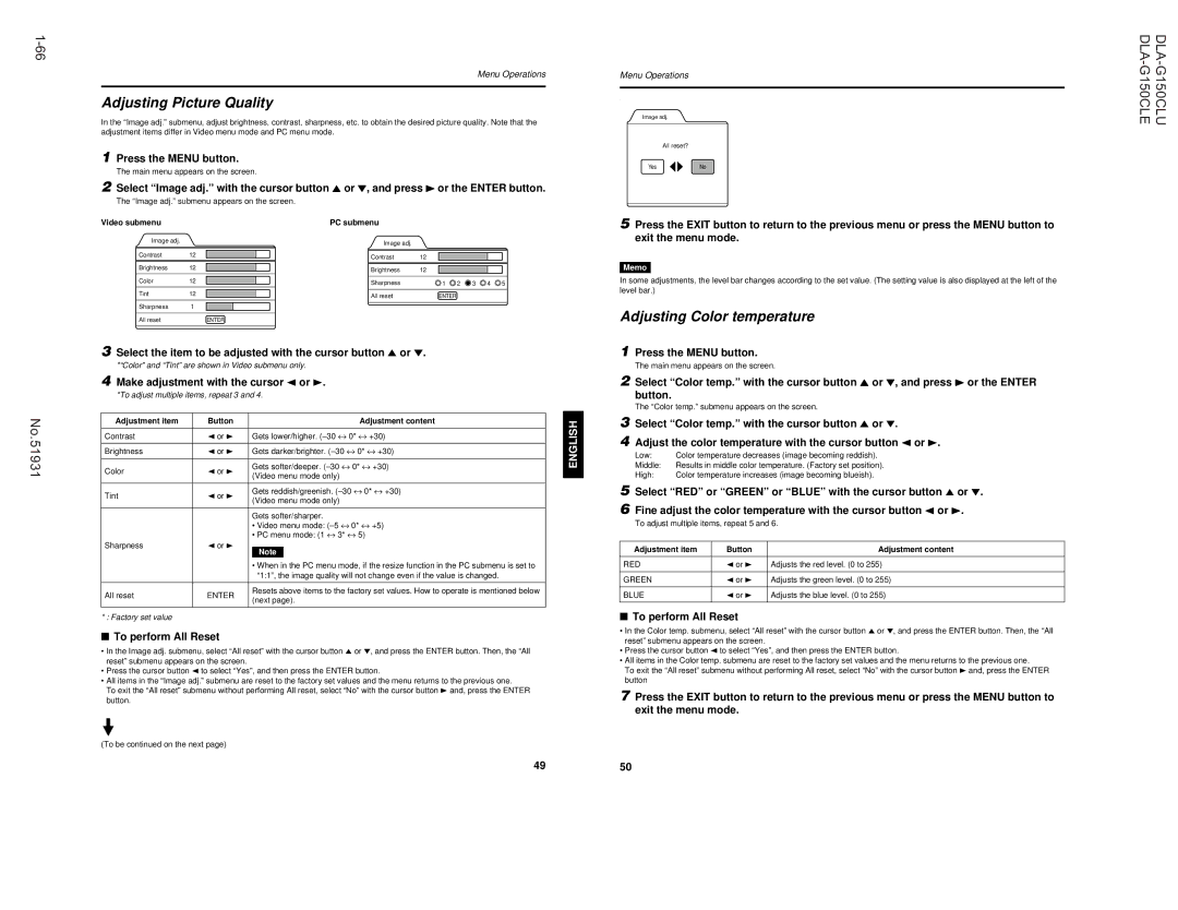 JVC DLA-G150CLE manual Adjust the color temperature with Cursor button 2 or, Image adj. submenu appears on the screen 