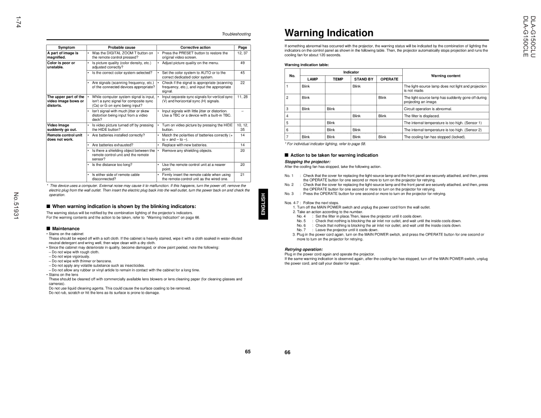 JVC DLA-G150CLE, DLA-G150CLU manual When warning indication is shown by the blinking indicators 