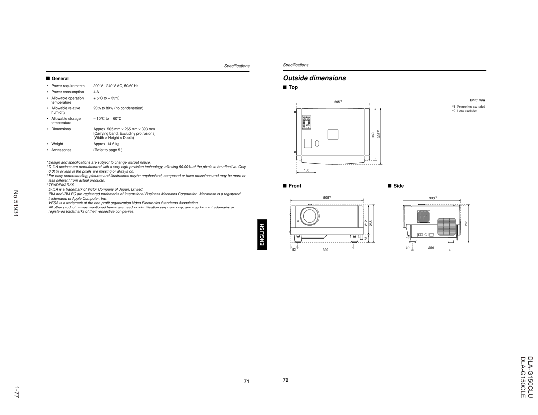 JVC DLA-G150CLU, DLA-G150CLE manual Front, General, Unit mm 