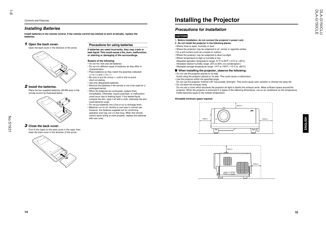 JVC DLA-G150CLE, DLA-G150CLU manual Installing the Projector, Installing Batteries, Precautions for Installation 