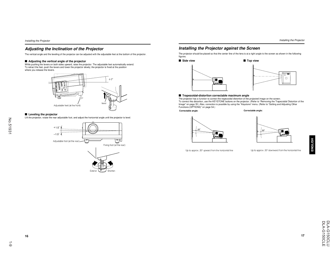 JVC DLA-G150CLU, DLA-G150CLE manual Adjusting the Inclination of the Projector, Installing the Projector against the Screen 