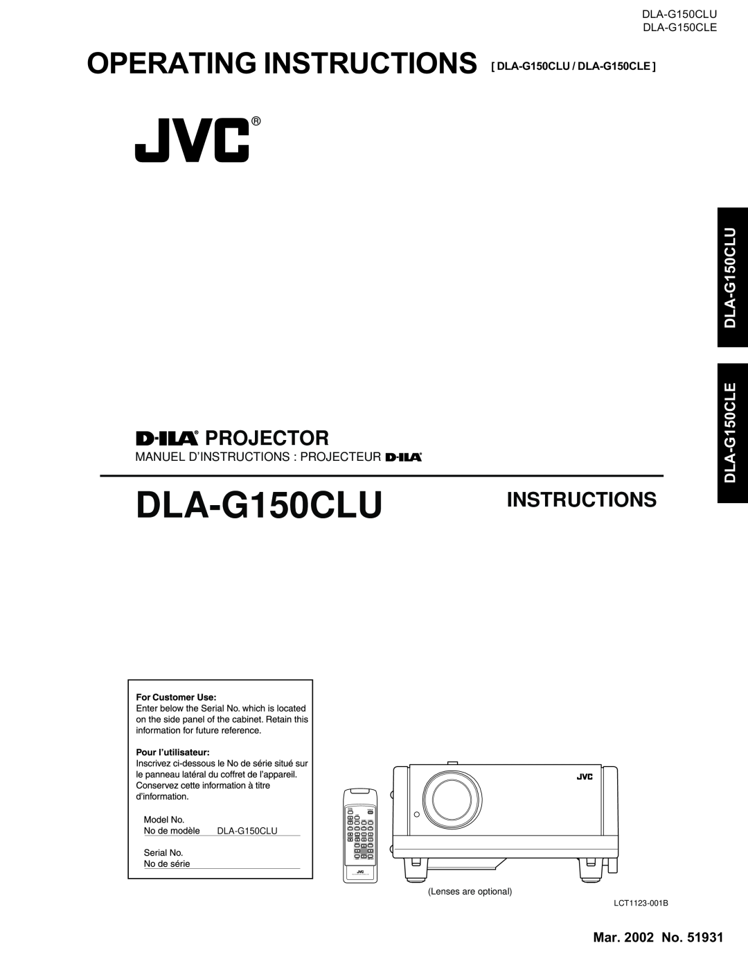 JVC manual Projector, DLA-G150CLU DLA-G150CLE, OPERATING INSTRUCTIONS DLA-G150CLU / DLA-G150CLE, Instructions 