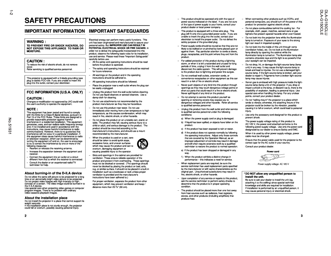 JVC DLA-G150CLE Safety Precautions, Important Information, Important Safeguards, No.51931, Fcc Information U.S.A. Only 