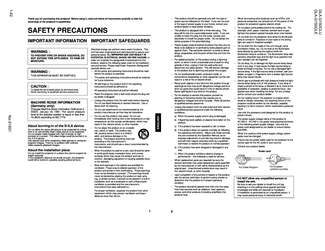 JVC manual 1-42, Safety Precautions, Important Information, Important Safeguards, DLA-G150CLU DLA-G150CLE, No.51931 