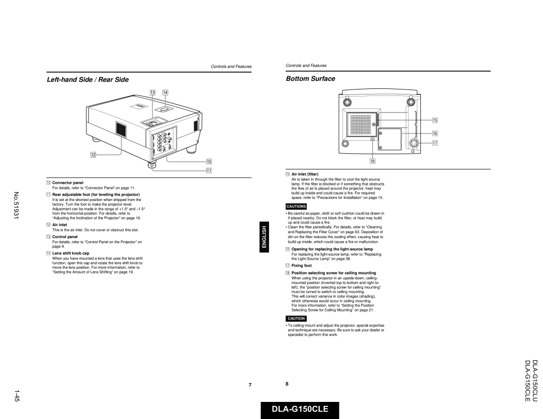 JVC Left-hand Side / Rear Side, Bottom Surface, t y u i, DLA-G150CLU DLA-G150CLE, Controls and Features, Cautions 