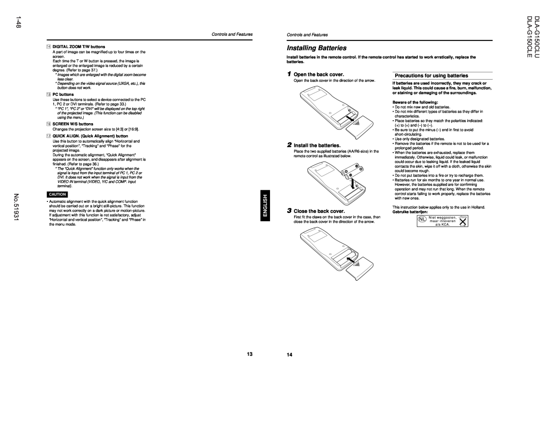 JVC manual 1-48, Installing Batteries, DLA-G150CLU DLA-G150CLE, No.51931, Españolitaliano Françaisdeutshenglish 
