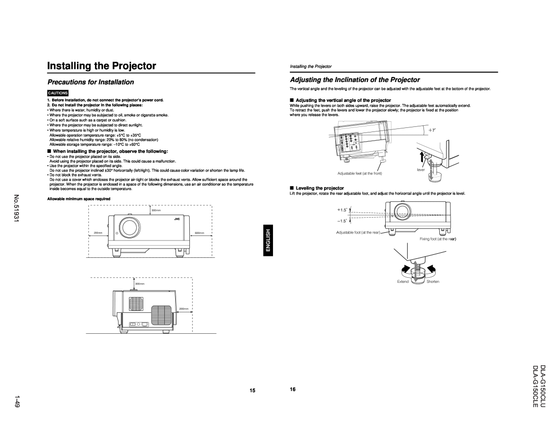 JVC manual No.51931 1-49, Installing the Projector, Precautions for Installation, DLA-G150CLU DLA-G150CLE, Cautions 