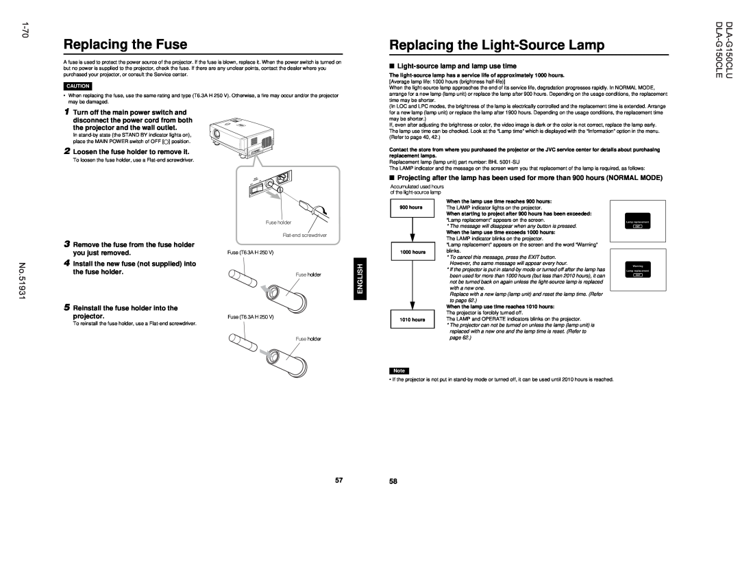 JVC manual 1-70, Replacing the Fuse, Replacing the Light-Source Lamp, DLA-G150CLU DLA-G150CLE, No.51931, Deutshenglish 