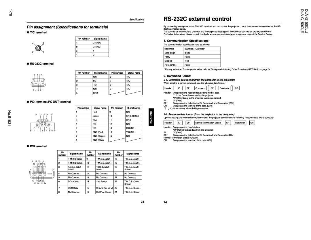 JVC 1-78, RS-232C external control, Pin assignment Specifications for terminals, DLA-G150CLU DLA-G150CLE, No.51931 