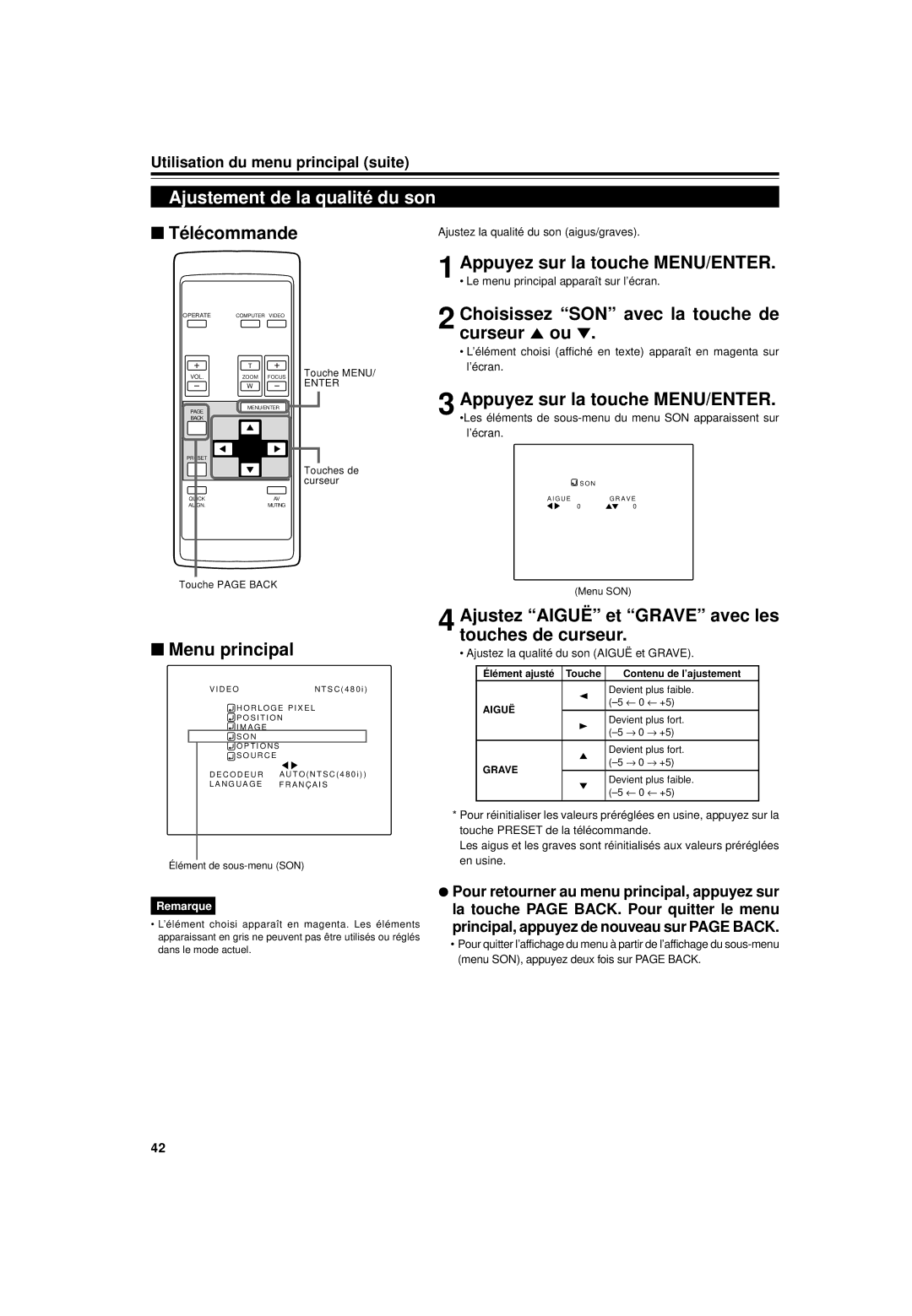 JVC DLA-G15U manual Ajustement de la qualité du son, Choisissez SON avec la touche de curseur 5 ou 