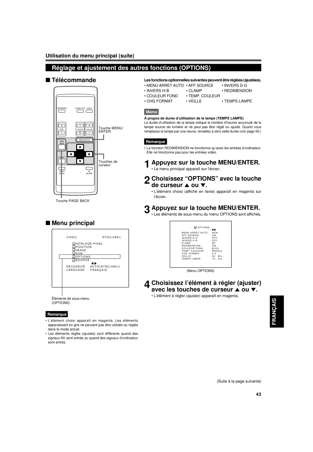 JVC DLA-G15U manual Réglage et ajustement des autres fonctions Options, Choisissez Options avec la touche de curseur 5 ou 