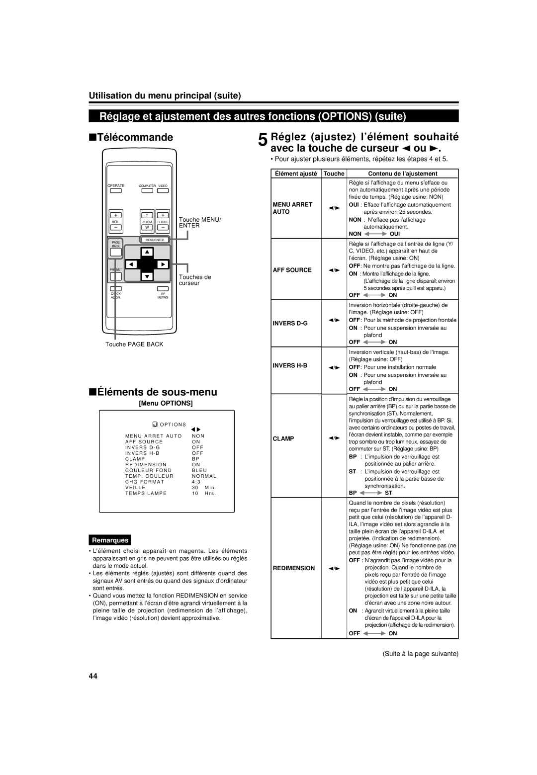 JVC DLA-G15U manual Réglage et ajustement des autres fonctions Options suite, Menu Options, Touche Contenu de l’ajustement 