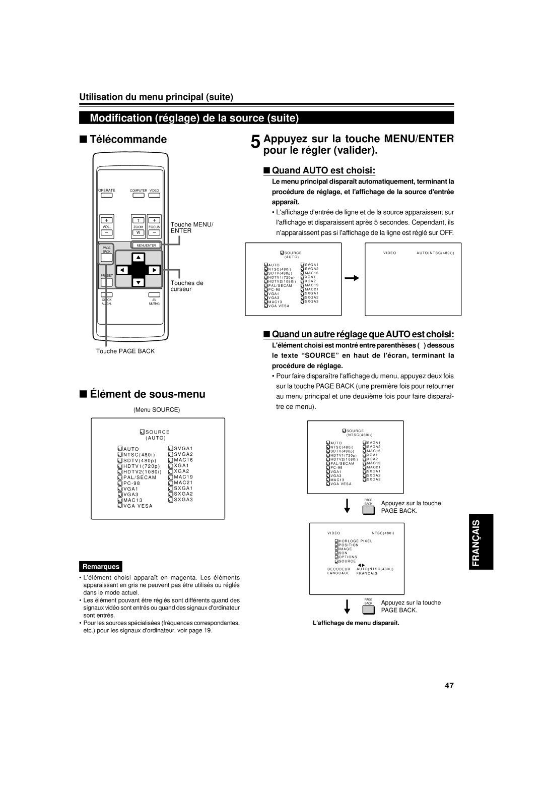 JVC DLA-G15U manual Modification réglage de la source suite, Appuyez sur la touche MENU/ENTER pour le régler valider 