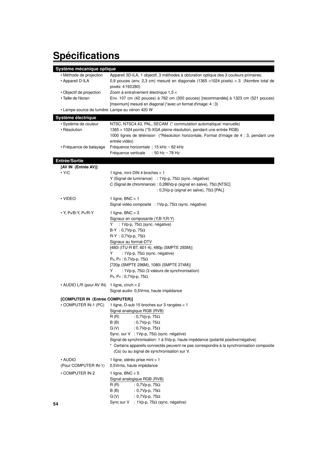 JVC DLA-G15U manual Spécifications, AV in Entrée AV, Computer in Entrée Computer 