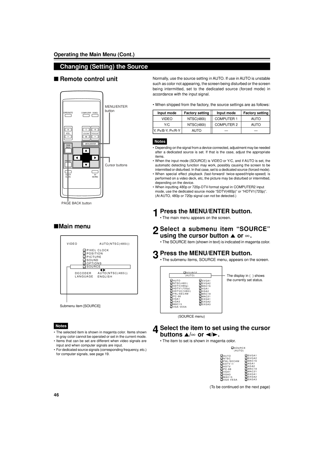 JVC DLA-G15U manual Changing Setting the Source, Select the item to set using the cursor buttons 5/∞ or 2/3 