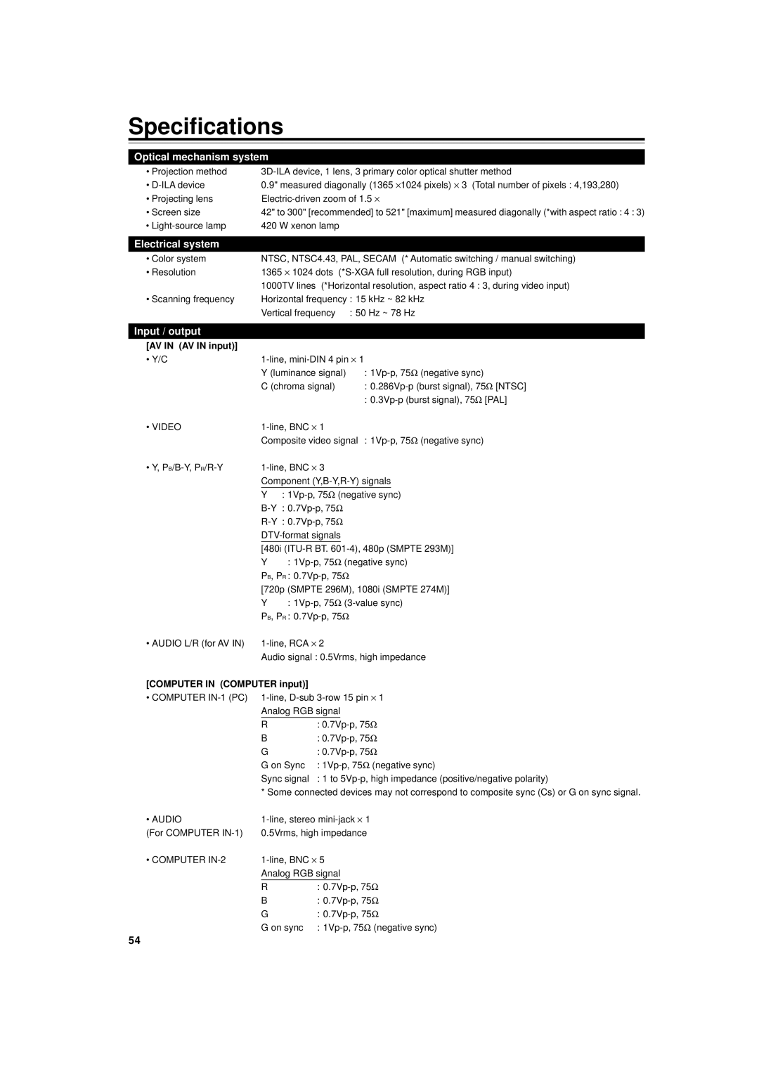 JVC DLA-G15U manual Specifications, AV in AV in input, Computer in Computer input 