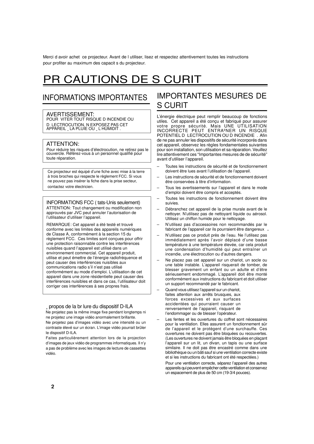 JVC DLA-G15U manual Précautions DE Sécurité, Propos de la brûlure du dispositif D-ILA 