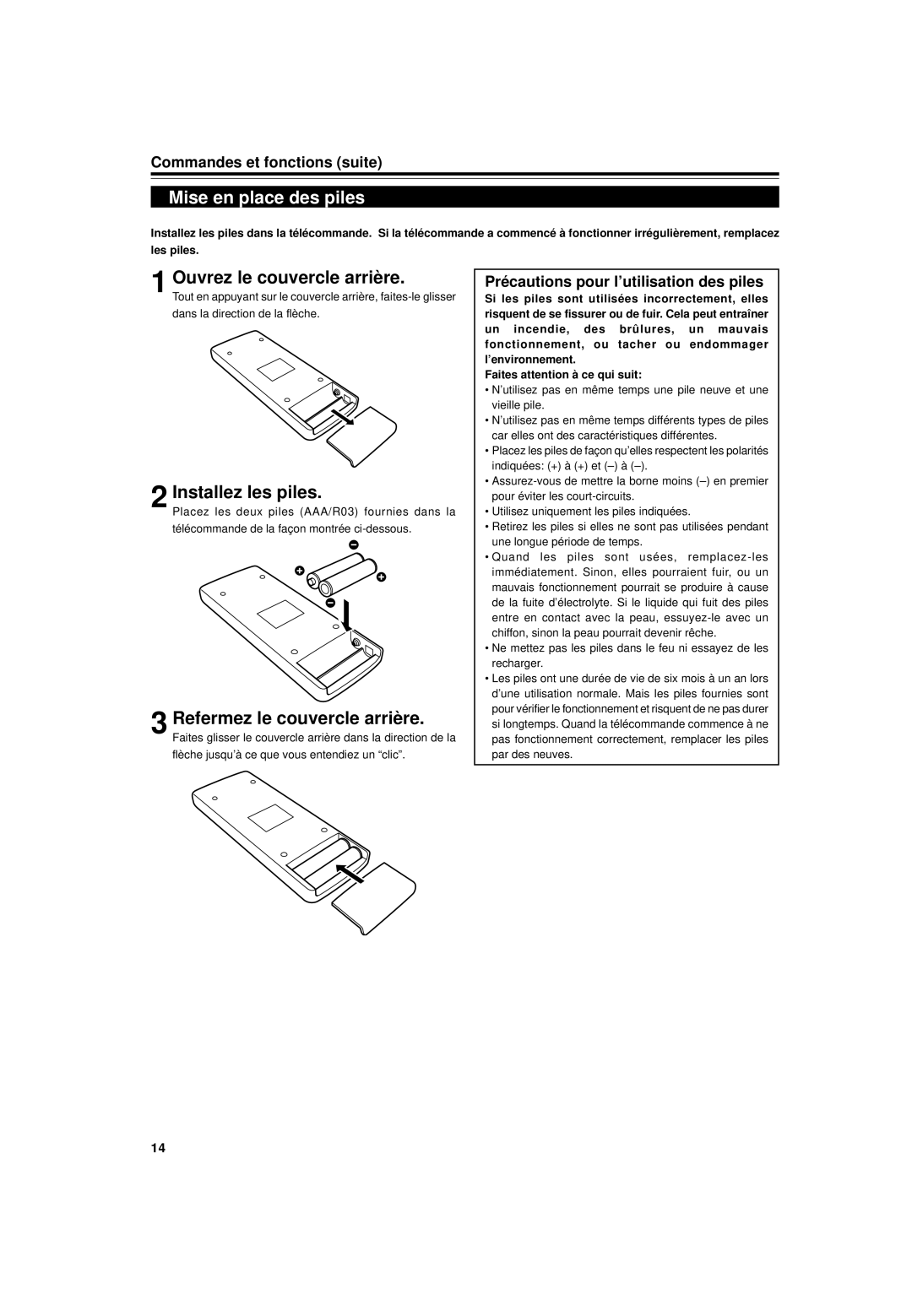 JVC DLA-G15U Mise en place des piles, Ouvrez le couvercle arrière, Installez les piles, Refermez le couvercle arrière 