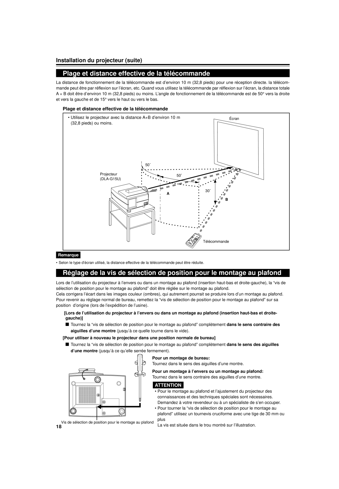 JVC DLA-G15U manual Plage et distance effective de la télécommande, Pour un montage de bureau 