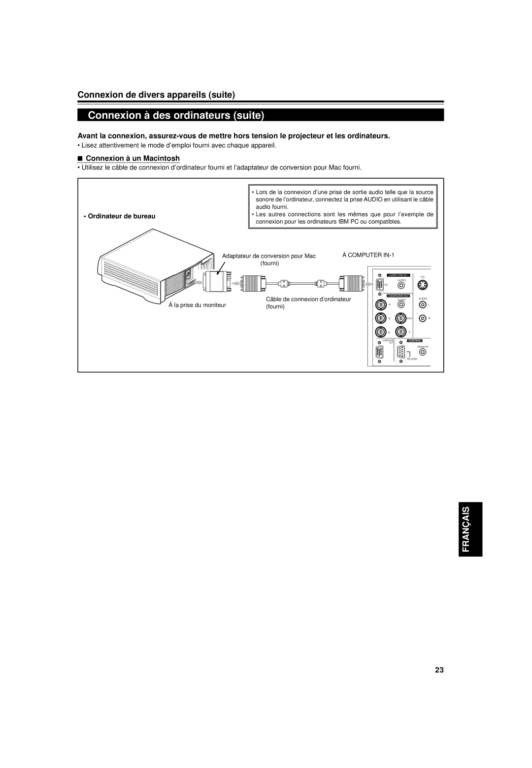 JVC DLA-G15U manual Connexion à des ordinateurs suite, Connexion à un Macintosh 