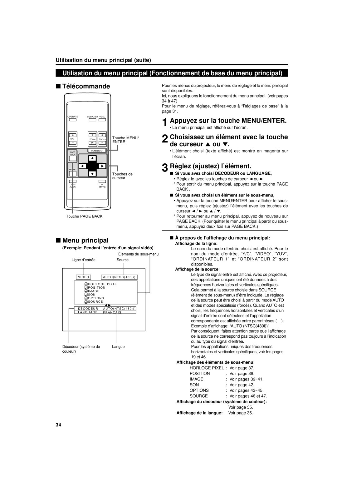 JVC DLA-G15U manual Télécommande, Appuyez sur la touche MENU/ENTER, Choisissez un élément avec la touche de curseur 5 ou 