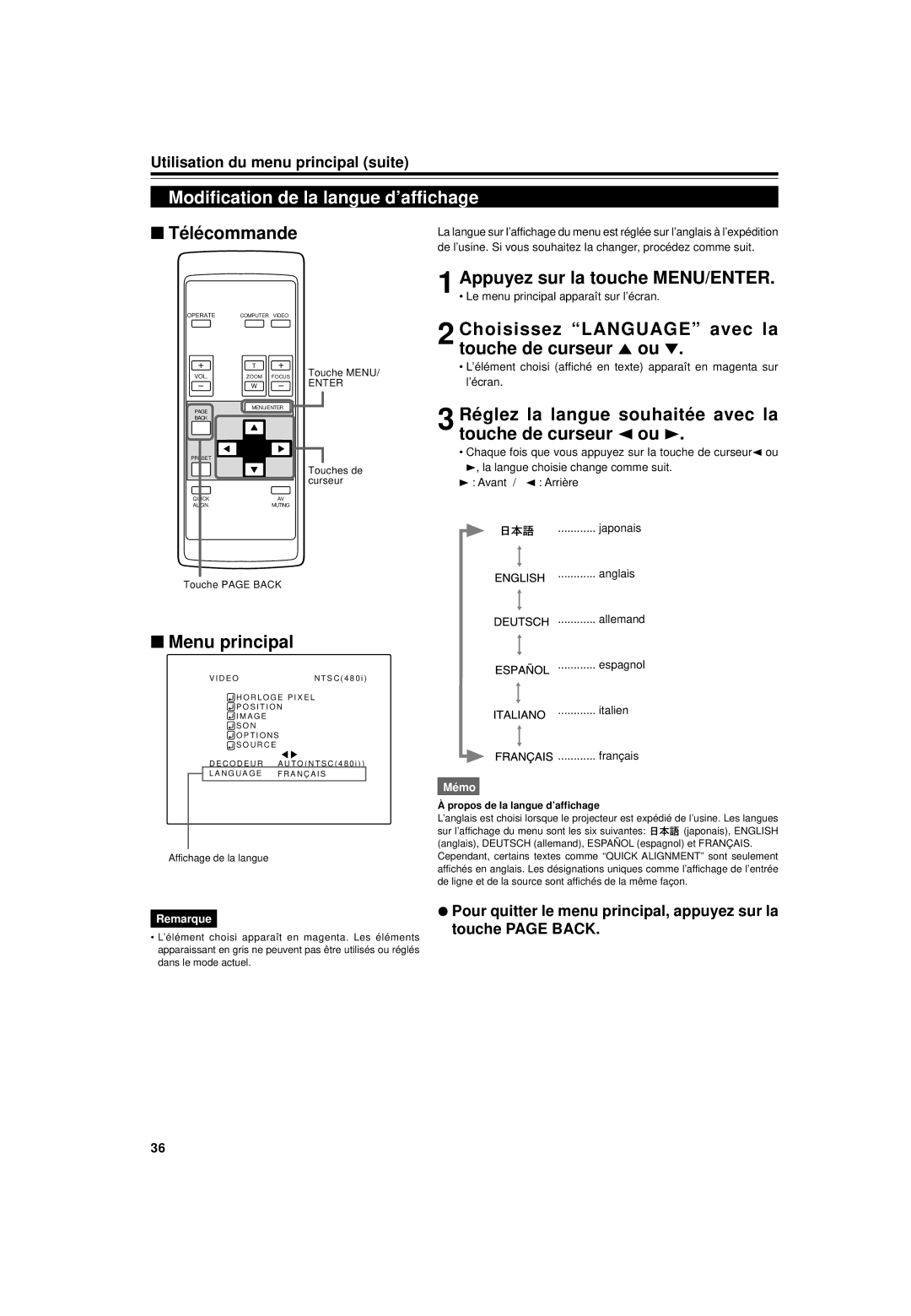 JVC DLA-G15U manual Modification de la langue d’affichage, Choisissez Language avec la touche de curseur 5 ou 