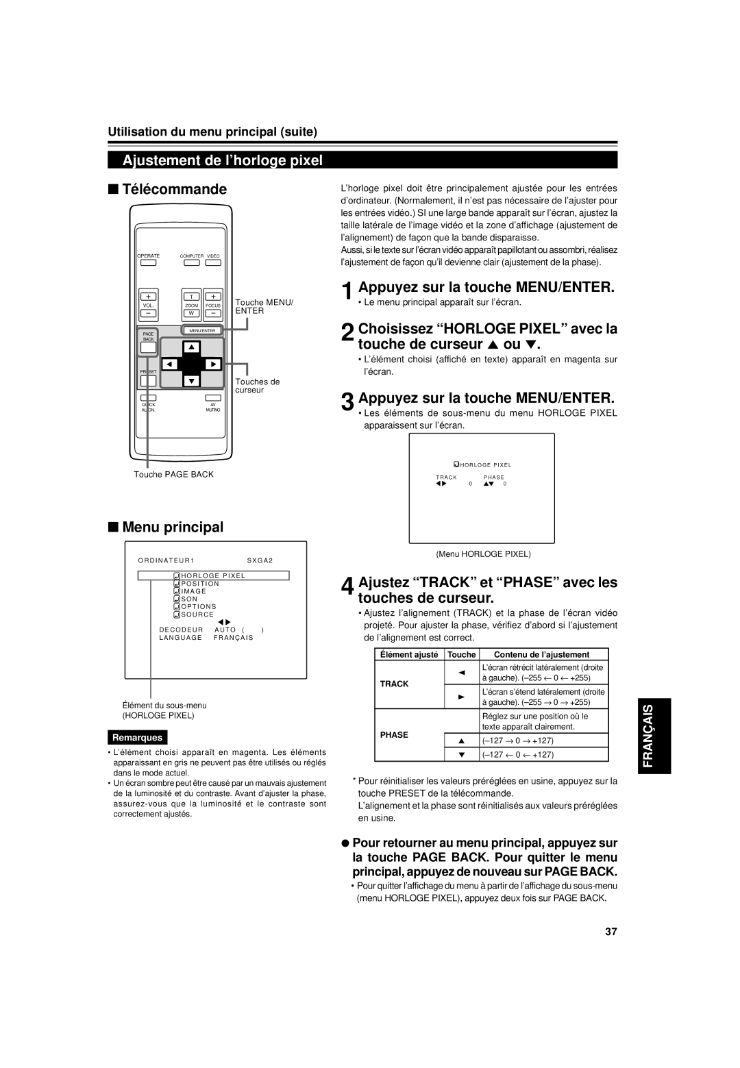 JVC DLA-G15U manual Ajustement de l’horloge pixel, Choisissez Horloge Pixel avec la touche de curseur 5 ou 