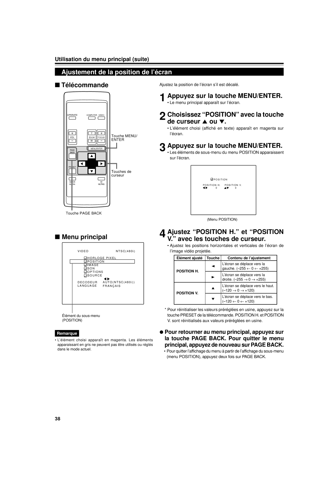 JVC DLA-G15U manual Ajustement de la position de l’écran, Choisissez Position avec la touche de curseur 5 ou, Sur l’écran 