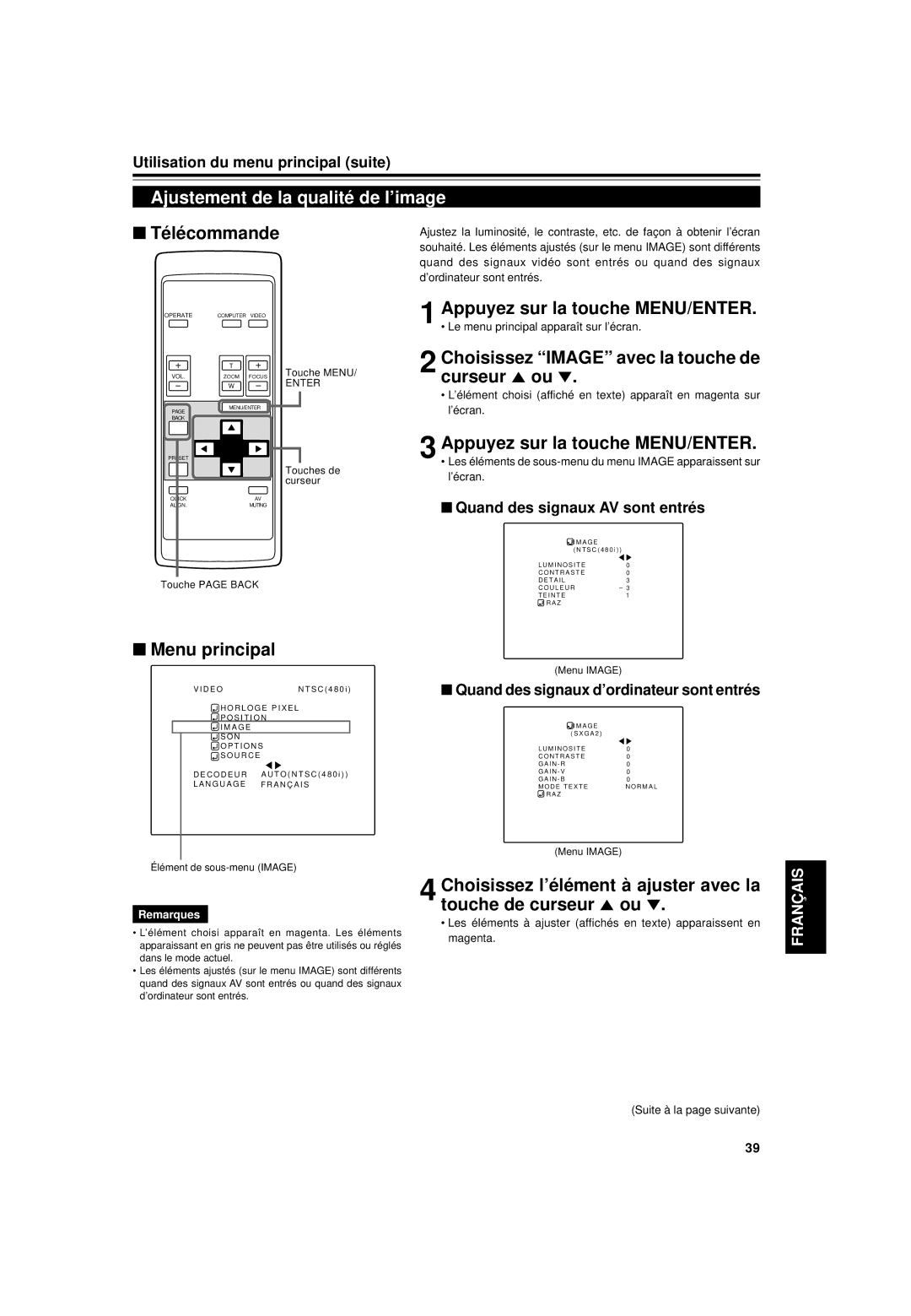 JVC DLA-G15U manual Ajustement de la qualité de l’image, Choisissez Image avec la touche de curseur 5 ou 