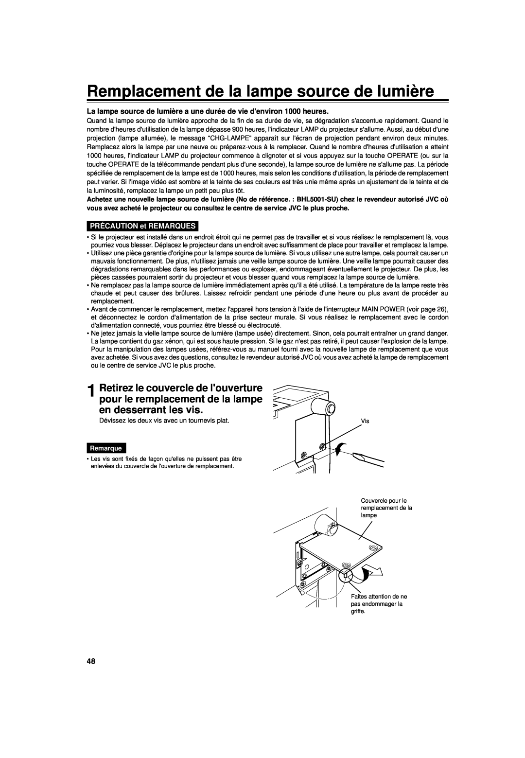 JVC DLA-G15U manual Remplacement de la lampe source de lumière, PRÉCAUTION et REMARQUES, Remarque 