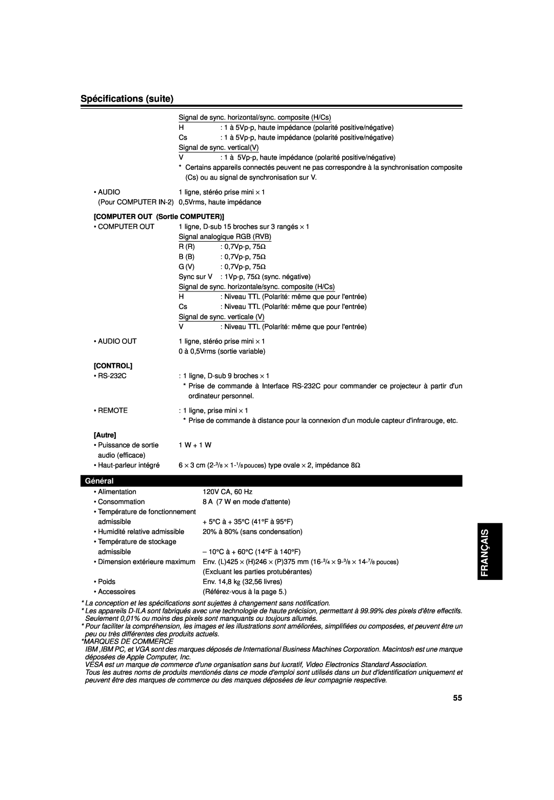 JVC DLA-G15U manual Spécifications suite, Français, Général, COMPUTER OUT Sortie COMPUTER, Control, Autre 