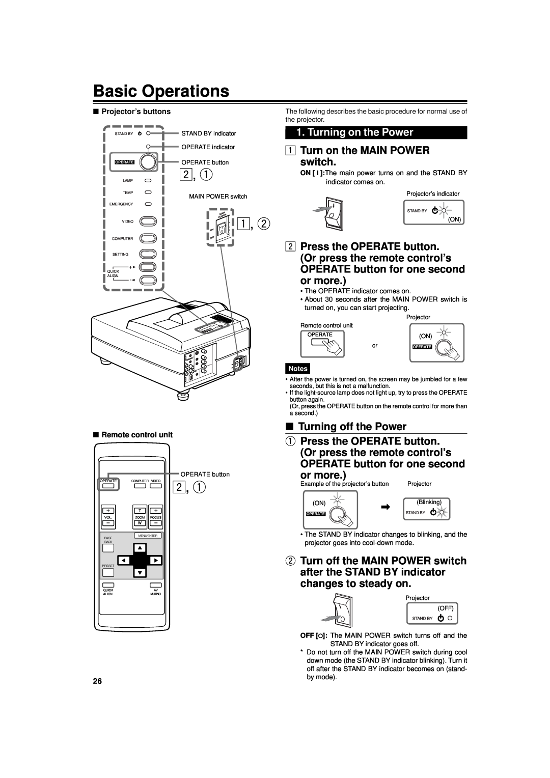JVC DLA-G15U manual Basic Operations, Turning on the Power, Turn on the MAIN POWER switch, Turning off the Power, or more 