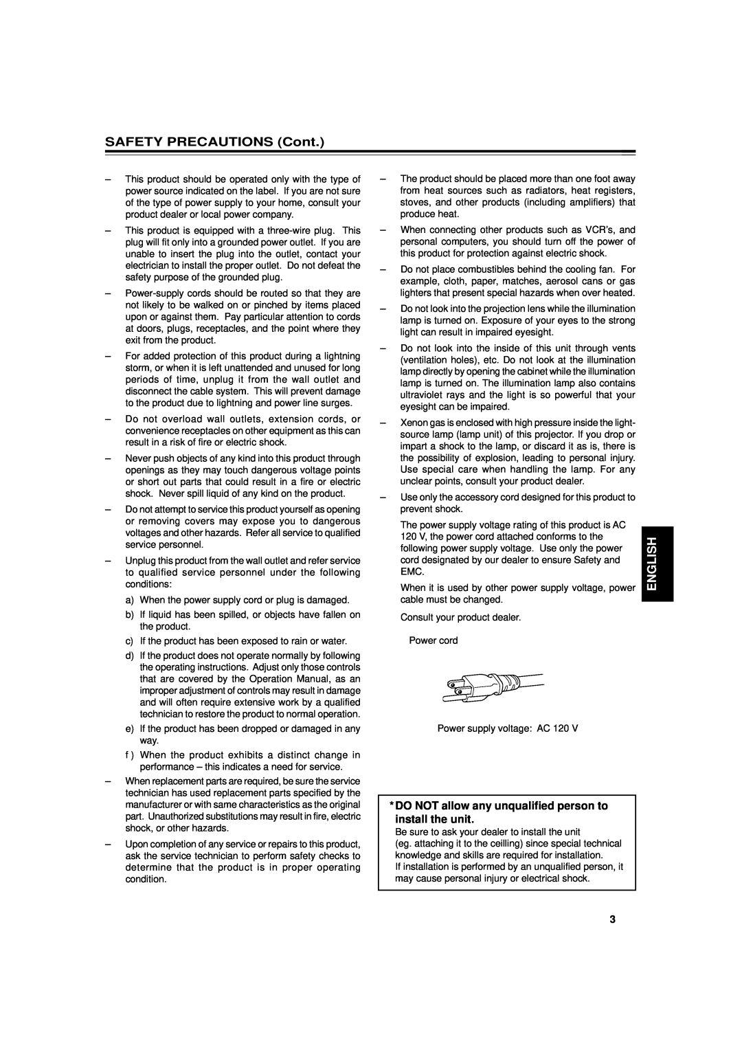 JVC DLA-G15U manual SAFETY PRECAUTIONS Cont 