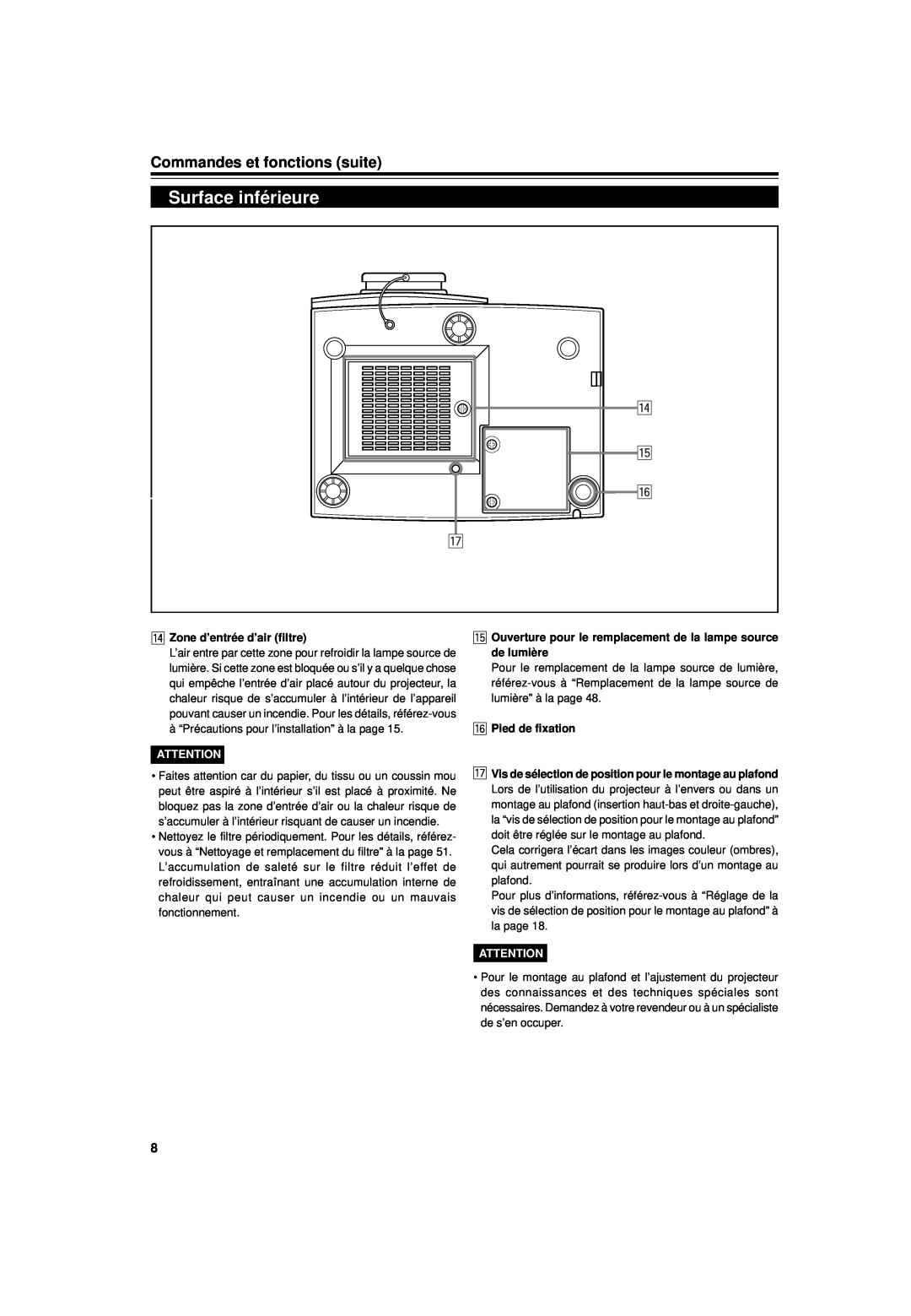 JVC DLA-G15U Surface inférieure, Commandes et fonctions suite, r t y u, r Zone d’entrée d’air filtre, y Pied de fixation 