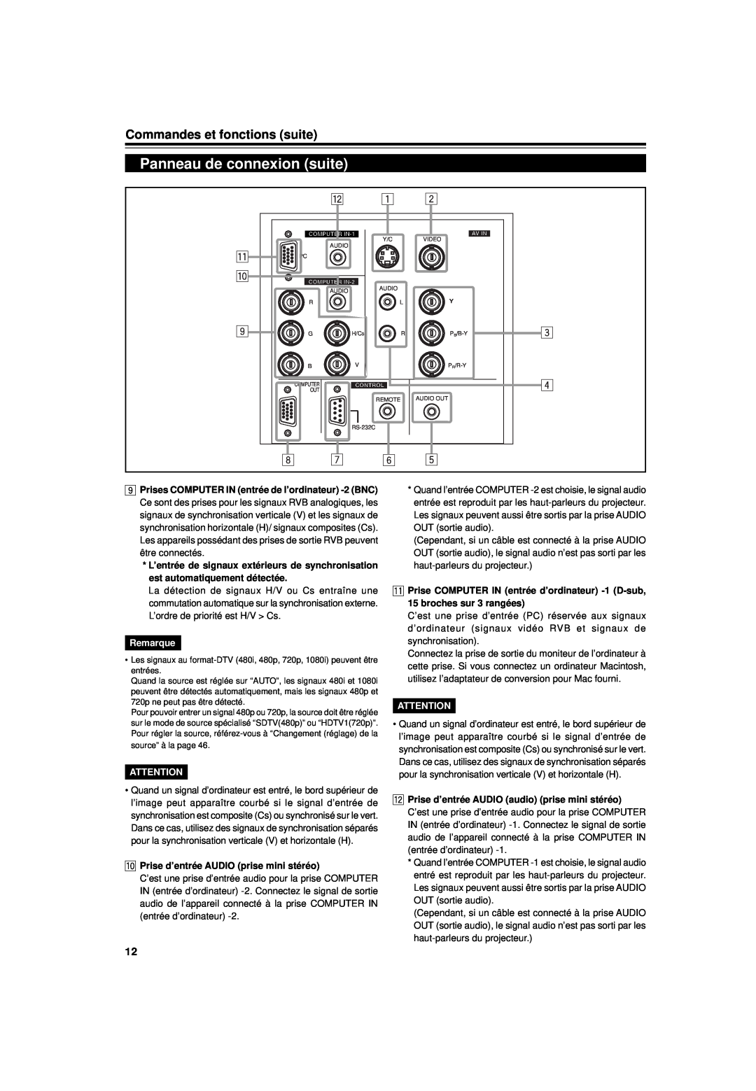 JVC DLA-G15U Panneau de connexion suite, Commandes et fonctions suite, Remarque, p Prise d’entrée AUDIO prise mini stéréo 