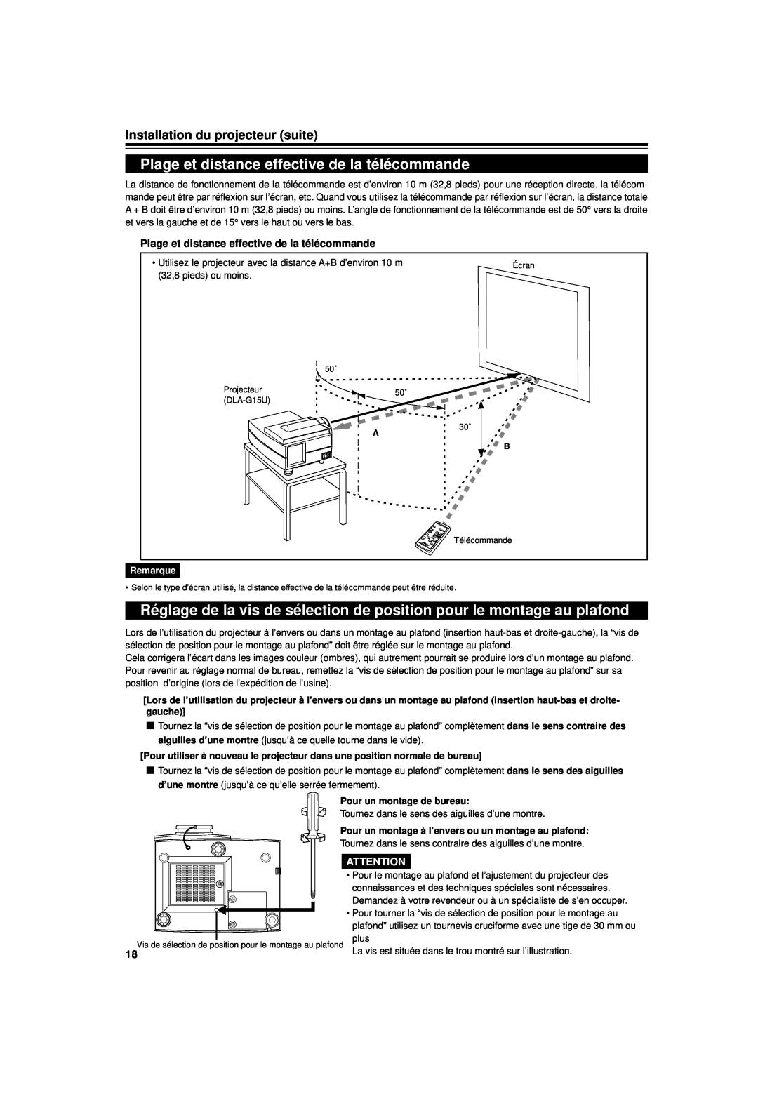 JVC DLA-G15U manual Plage et distance effective de la télécommande, Installation du projecteur suite, Remarque 