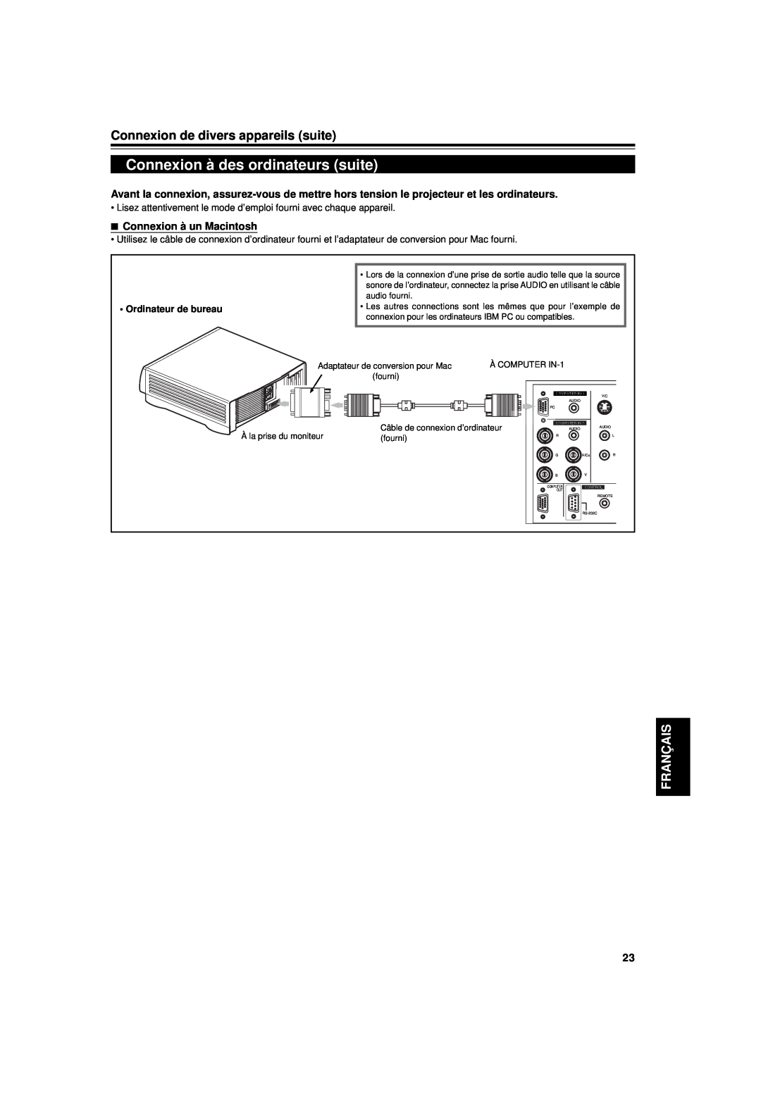 JVC DLA-G15U Connexion à des ordinateurs suite, Connexion de divers appareils suite, Français, Connexion à un Macintosh 