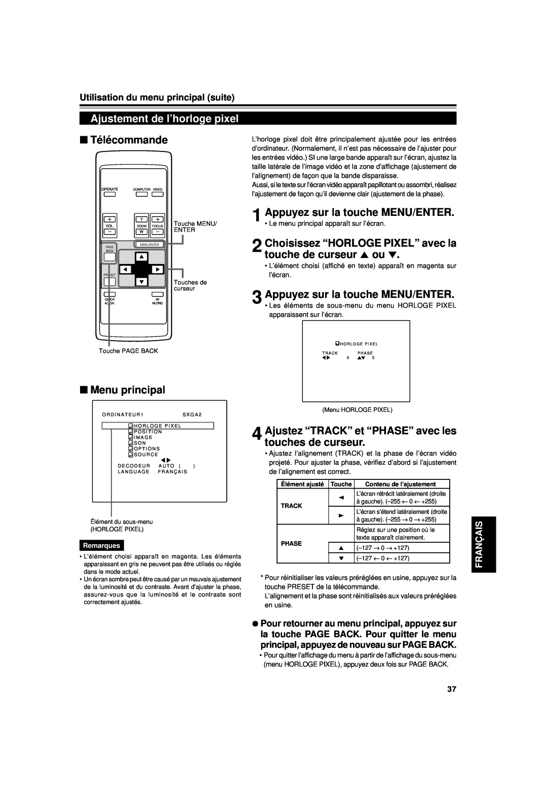 JVC DLA-G15U manual Ajustement de l’horloge pixel, Choisissez “HORLOGE PIXEL” avec la touche de curseur 5 ou, Télécommande 