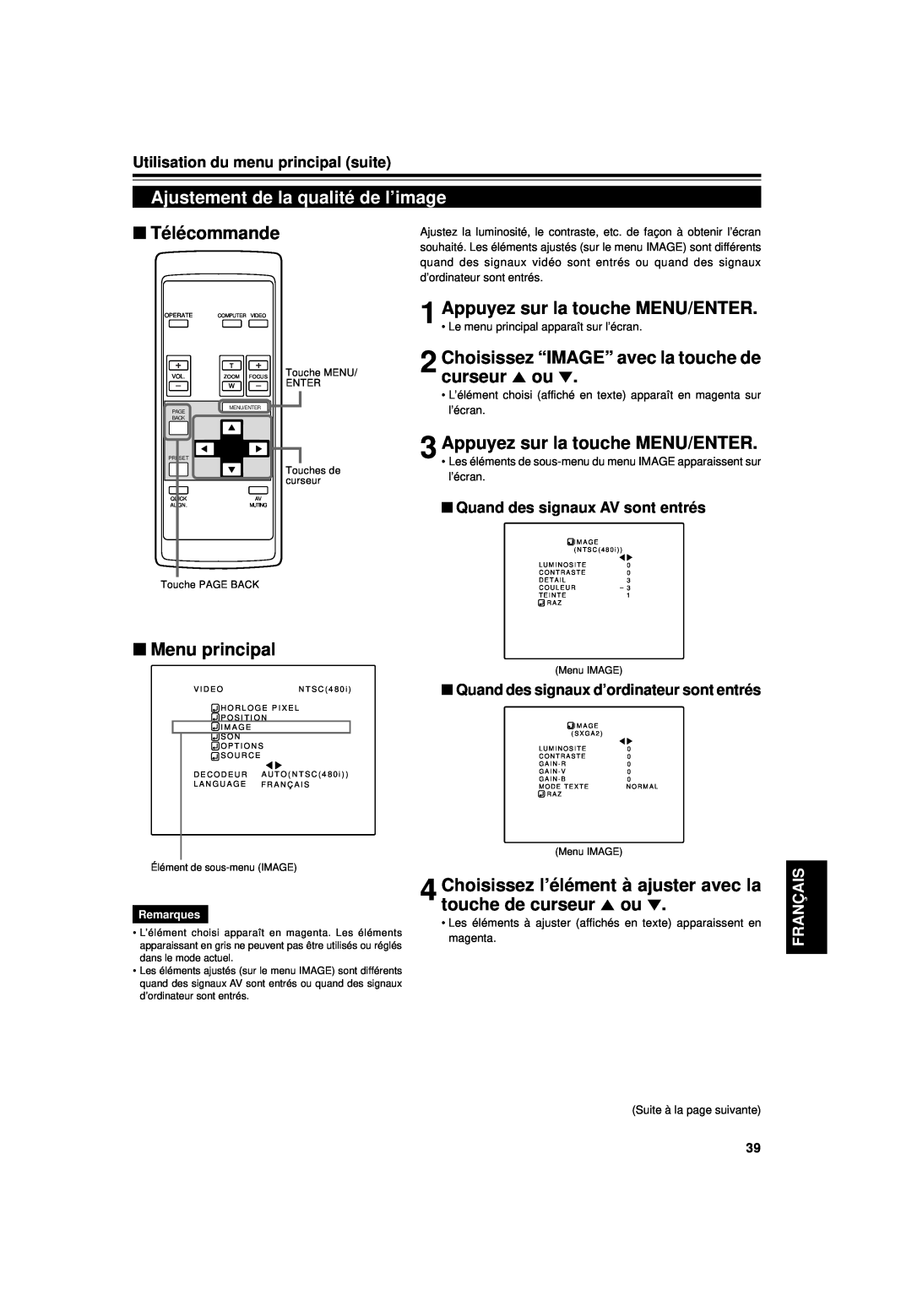 JVC DLA-G15U manual Ajustement de la qualité de l’image, Choisissez “IMAGE” avec la touche de curseur 5 ou, Télécommande 