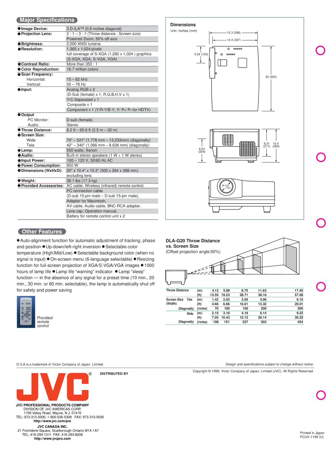 JVC dla-g20 manual Major Specifications 