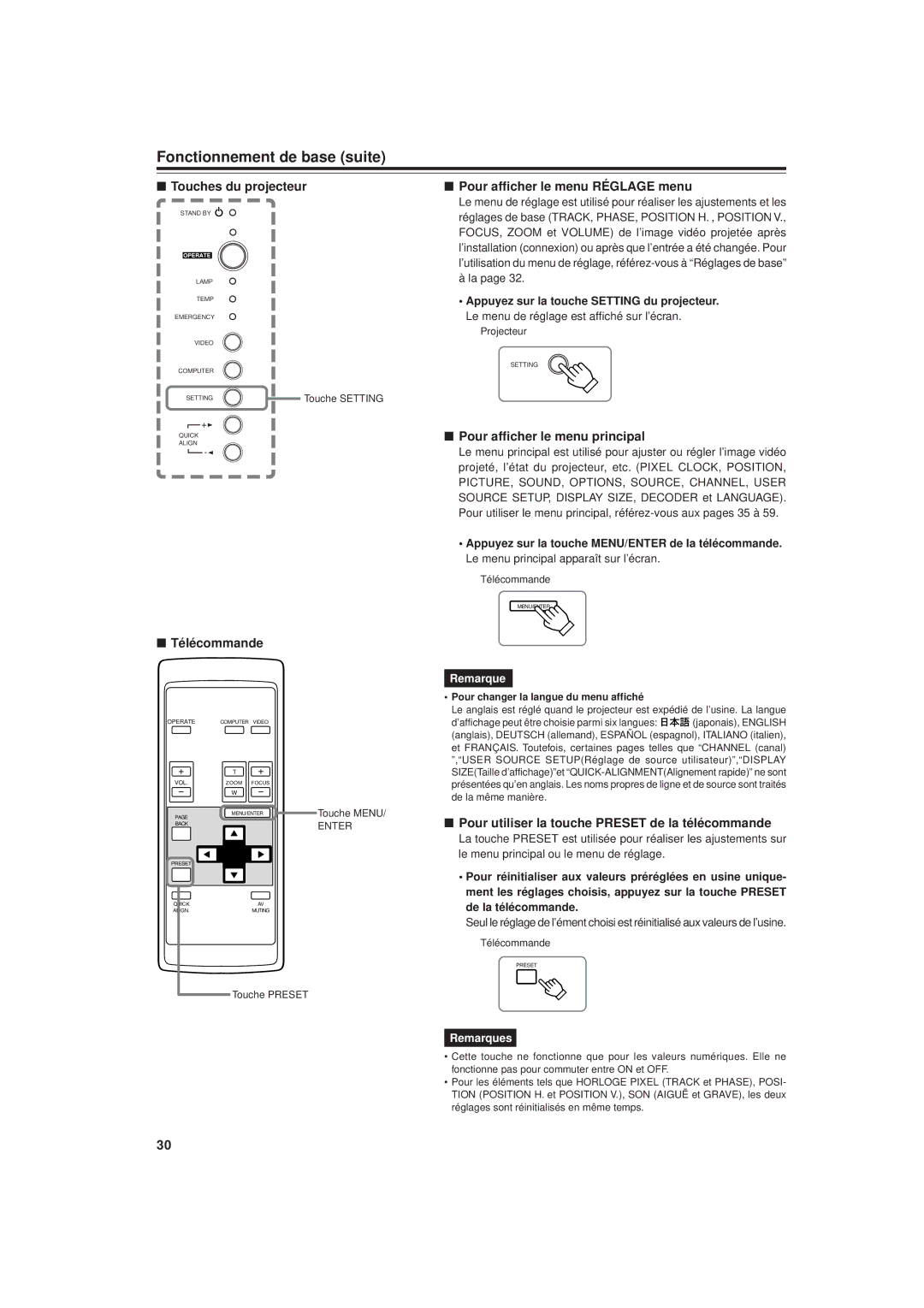 JVC DLA-G20U Pour afficher le menu Réglage menu, Pour afficher le menu principal, Pour changer la langue du menu affiché 