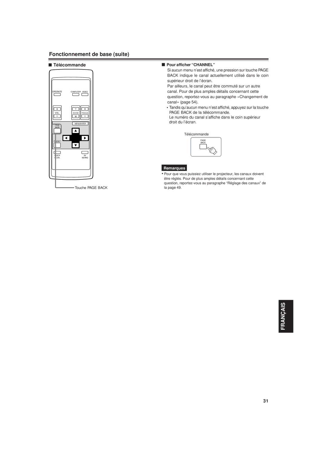 JVC DLA-G20U manual Pour afficher Channel, Être réglés. Pour de plus amples détails concernant cette, Touche page Back 