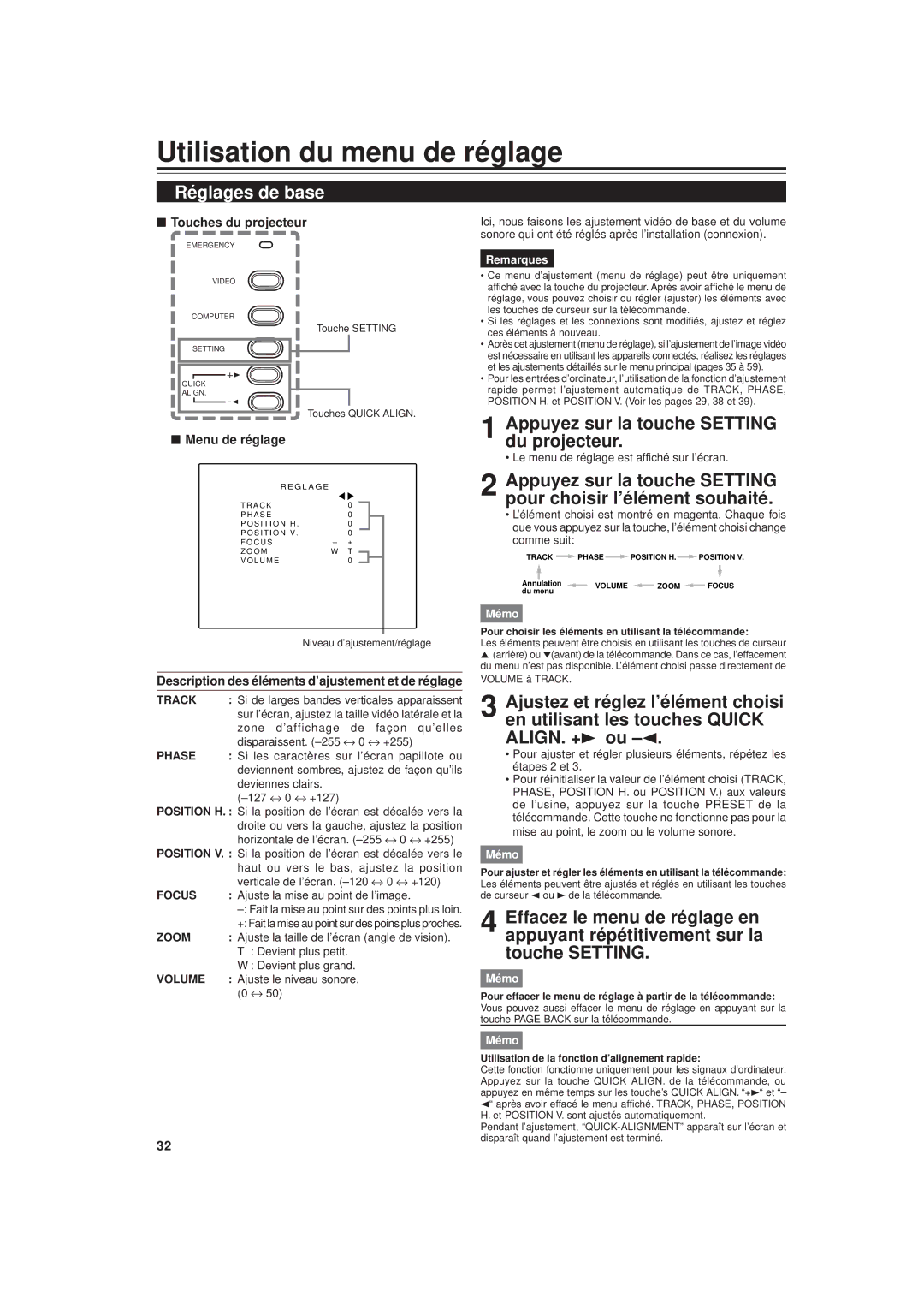 JVC DLA-G20U manual Utilisation du menu de réglage, Réglages de base, Appuyez sur la touche Setting du projecteur 