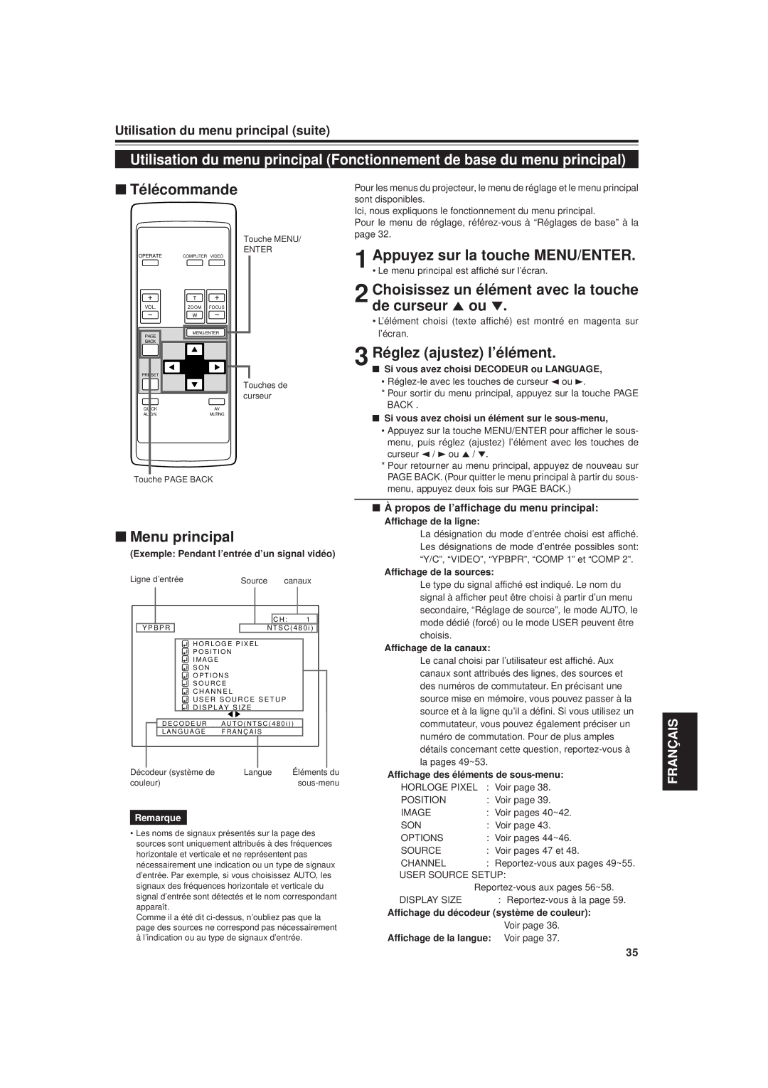 JVC DLA-G20U manual Télécommande, Appuyez sur la touche MENU/ENTER, Choisissez un élément avec la touche de curseur 5 ou ∞ 