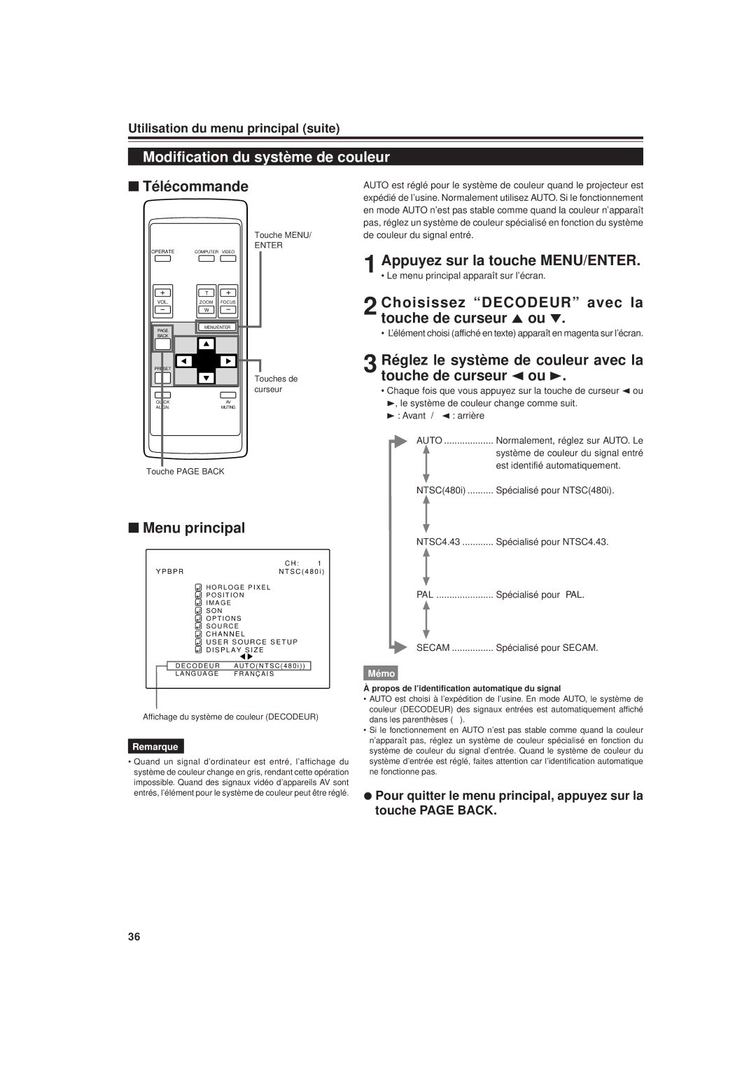 JVC DLA-G20U manual Modification du système de couleur, Réglez le système de couleur avec la touche de curseur 2 ou 