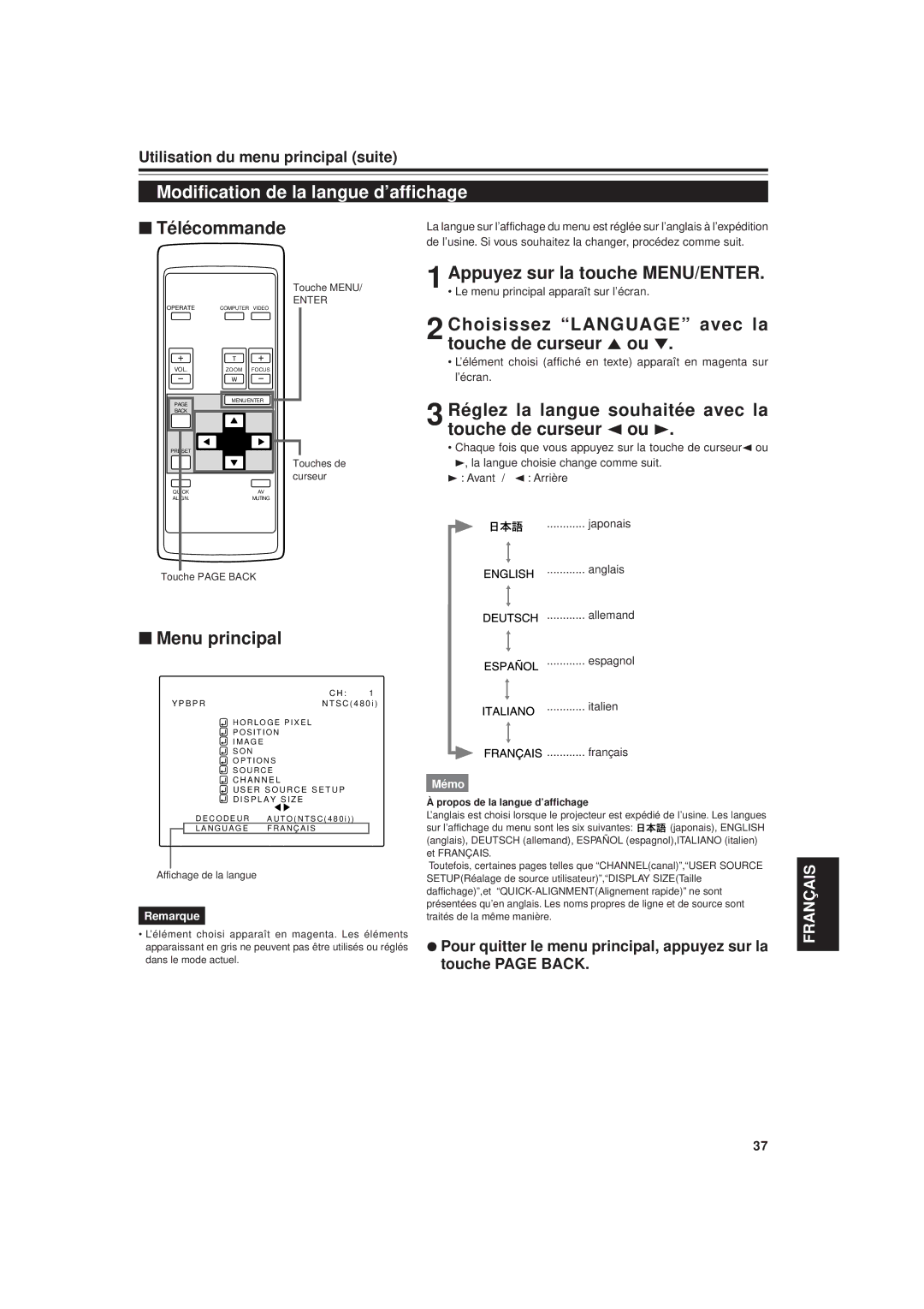 JVC DLA-G20U manual Modification de la langue d’affichage, Choisissez Language avec la touche de curseur 5 ou ∞ 