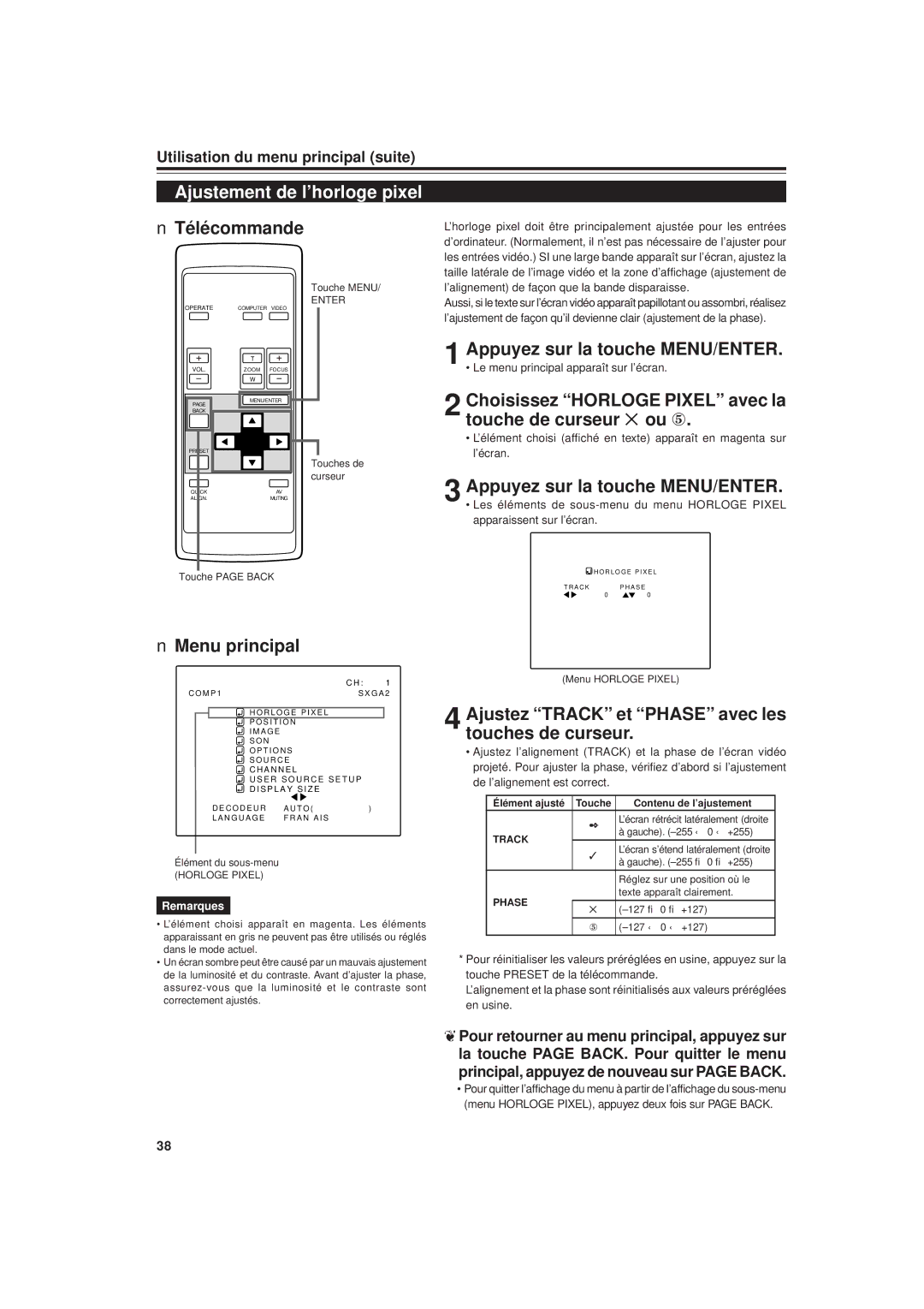 JVC DLA-G20U manual Ajustement de l’horloge pixel, Choisissez Horloge Pixel avec la touche de curseur 5 ou ∞ 