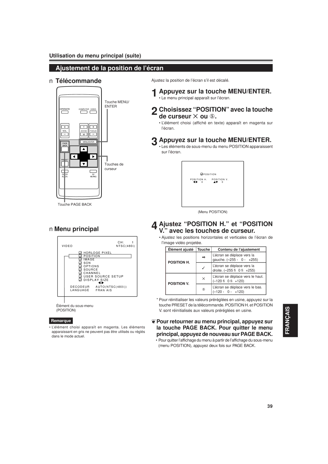 JVC DLA-G20U manual Ajustement de la position de l’écran 