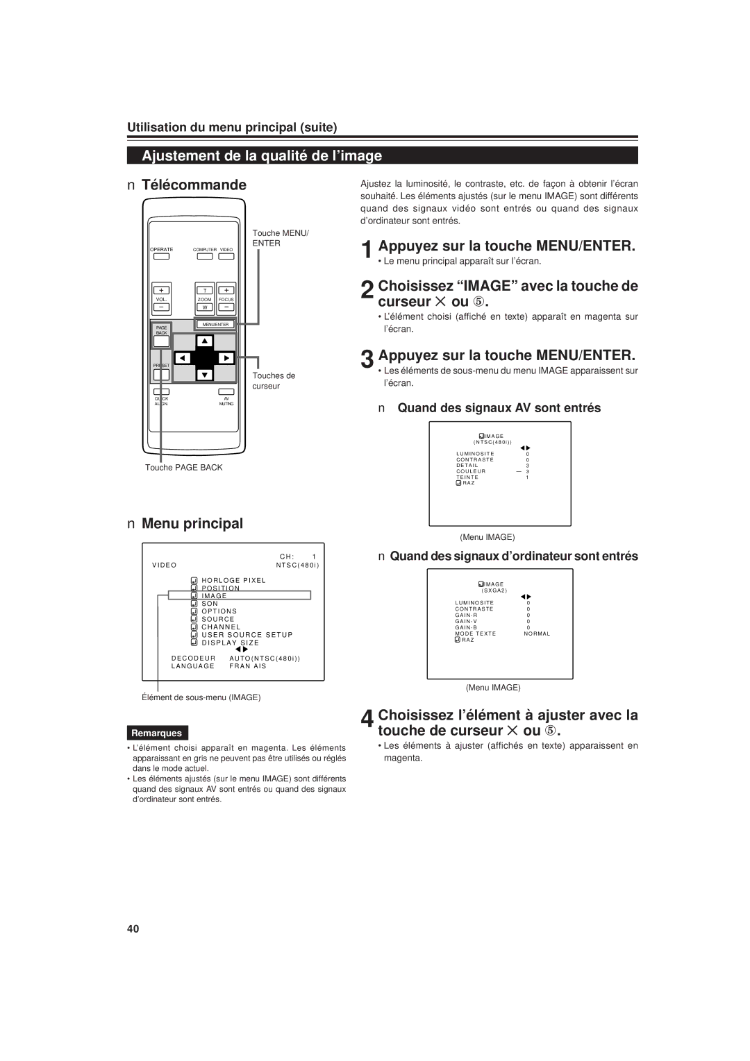 JVC DLA-G20U manual Ajustement de la qualité de l’image, Choisissez Image avec la touche de curseur 5 ou ∞ 